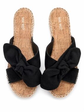 Nine West Black Bow Espadrille Slide Sandals Cork Footbed Size 10